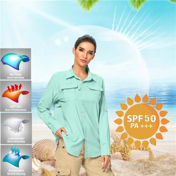 Women's UPF 50+ UV Sun Protection Safari Shirt, Long Sleeve Outdoor Cool Quick - Picture 5 of 16